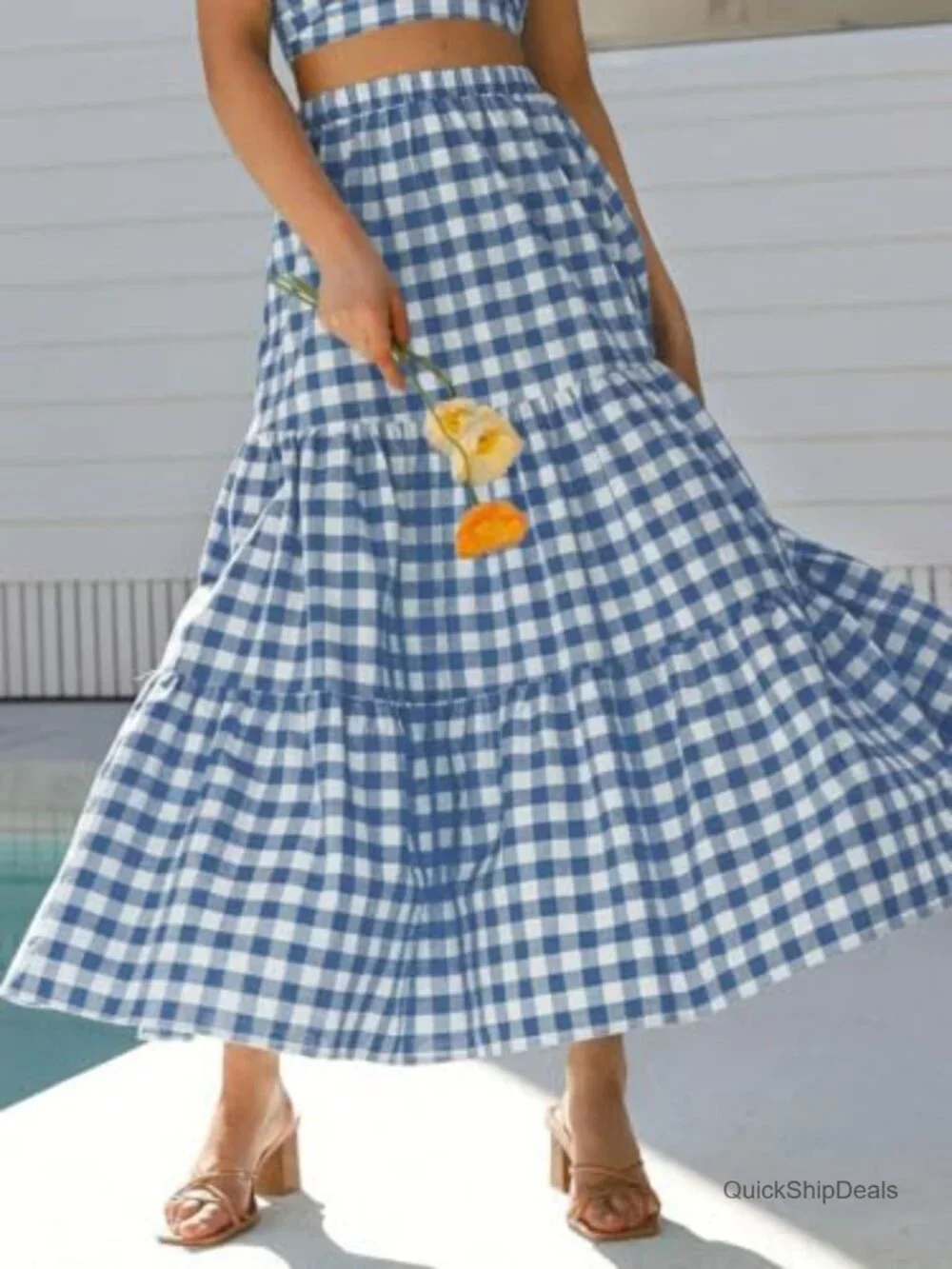 Maxi Skirt Plaid Gingham Cotton Tiered High Waist A-Line with Pockets
